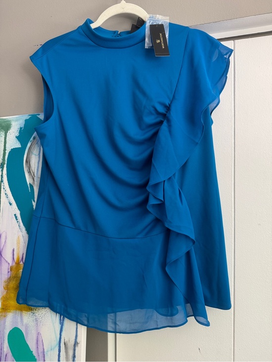 Worthington Tops - NWT Worthington Royal Blue Mock Neck Ruffle Blouse Top L Asymmetrical Stretch
